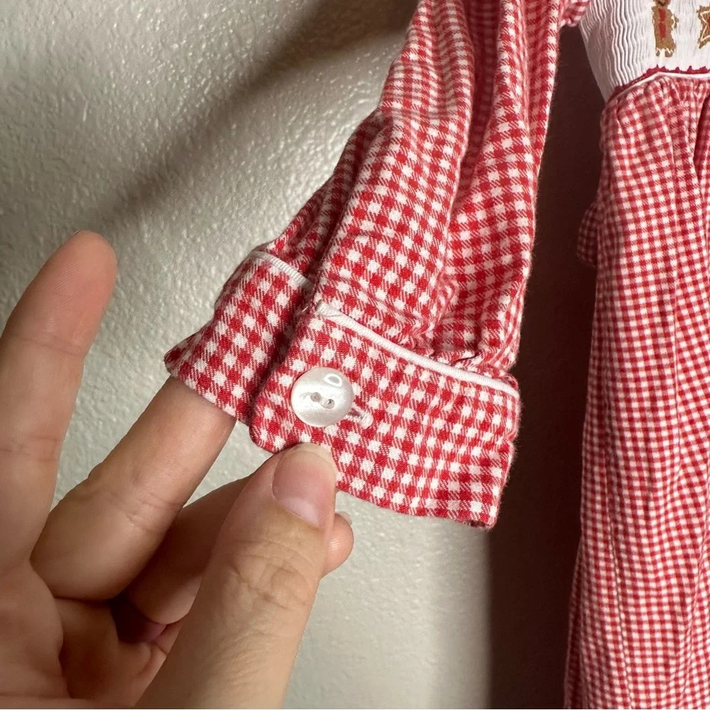 Anavini Collared Gingham Smocked/Embroidered Gingerbread Christmas Red Dress - Picture 3 of 10